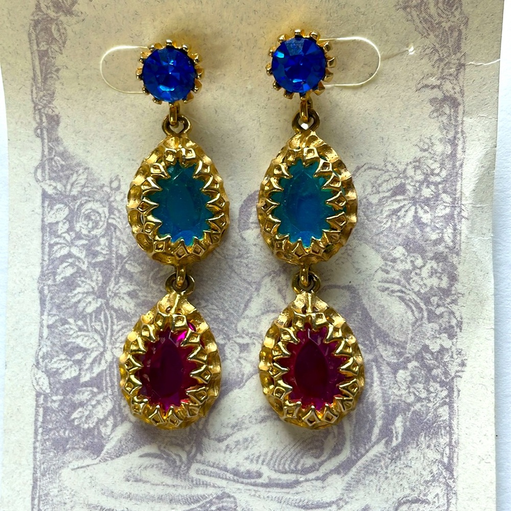 Fancy 1970's Dangle Pierced Gold Blue Purple Earrings